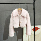 DERMEARNE Women 100% Wool Fur Coat Thickened Sheep Shearling Top High Waist Short Jacket Parka PT377