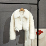 DERMEARNE Women 100% Wool Fur Coat Thickened Sheep Shearling Top High Waist Short Jacket Parka PT377