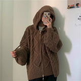 DERMEARNE Women Autumn Winter Oversize Knitted Cardigan Casual 2025 Hooded Twist Sweater Zipper Long Sleeve Crochet Outerwear