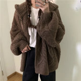 DERMEARNE Women Autumn Winter Oversize Knitted Cardigan Casual 2025 Hooded Twist Sweater Zipper Long Sleeve Crochet Outerwear