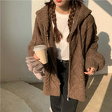 DERMEARNE Women Autumn Winter Oversize Knitted Cardigan Casual 2025 Hooded Twist Sweater Zipper Long Sleeve Crochet Outerwear