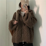 DERMEARNE Women Autumn Winter Oversize Knitted Cardigan Casual 2025 Hooded Twist Sweater Zipper Long Sleeve Crochet Outerwear