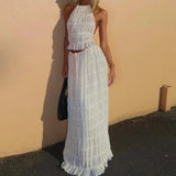 DERMEARNE Women Boho Sexy Backless Matching Suit 2 Piece Beach Holiday Outfits Vintage Ruched Halter Cami Tops + Maxi Long Skirt Party
