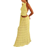 DERMEARNE Women Boho Sexy Backless Matching Suit 2 Piece Beach Holiday Outfits Vintage Ruched Halter Cami Tops + Maxi Long Skirt Party