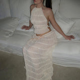 DERMEARNE Women Boho Sexy Backless Matching Suit 2 Piece Beach Holiday Outfits Vintage Ruched Halter Cami Tops + Maxi Long Skirt Party