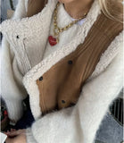 DERMEARNE Women Brown Wool Warm Waistcoat Fashion Lapel Sleeveless Fur Faux Leather Lamb Wool Button Vest Female Winter Streetwear Tops