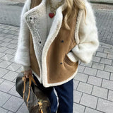 DERMEARNE Women Brown Wool Warm Waistcoat Fashion Lapel Sleeveless Fur Faux Leather Lamb Wool Button Vest Female Winter Streetwear Tops