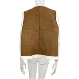 DERMEARNE Women Brown Wool Warm Waistcoat Fashion Lapel Sleeveless Fur Faux Leather Lamb Wool Button Vest Female Winter Streetwear Tops