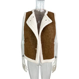 DERMEARNE Women Brown Wool Warm Waistcoat Fashion Lapel Sleeveless Fur Faux Leather Lamb Wool Button Vest Female Winter Streetwear Tops