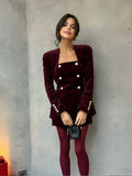 DERMEARNE Women Burgundy Velvet Mini Skirt Set Fashion Square Neck Long Sleeves Buttons Tops Skirts 2pcs Suit 2025 New Lady Party Gown