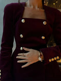 DERMEARNE Women Burgundy Velvet Mini Skirt Set Fashion Square Neck Long Sleeves Buttons Tops Skirts 2pcs Suit 2025 New Lady Party Gown