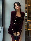 DERMEARNE Women Burgundy Velvet Mini Skirt Set Fashion Square Neck Long Sleeves Buttons Tops Skirts 2pcs Suit 2025 New Lady Party Gown