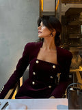 DERMEARNE Women Burgundy Velvet Mini Skirt Set Fashion Square Neck Long Sleeves Buttons Tops Skirts 2pcs Suit 2025 New Lady Party Gown