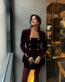DERMEARNE Women Burgundy Velvet Mini Skirt Set Fashion Square Neck Long Sleeves Buttons Tops Skirts 2pcs Suit 2025 New Lady Party Gown