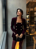 DERMEARNE Women Burgundy Velvet Mini Skirt Set Fashion Square Neck Long Sleeves Buttons Tops Skirts 2pcs Suit 2025 New Lady Party Gown
