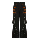 DERMEARNE Women Cargo Jeans Striped Zipper Button Closure Loose Casual Trousers Streetwear with Pockets Fall Spring Clothes Punk Y2K 90s