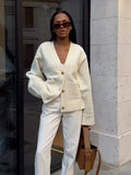 DERMEARNE Women Casual Solid Single V Neck Knitted Cardigan Fashion Single Breasted Full Sleeves Sweater Autumn Chic Female Street Wear