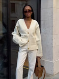 DERMEARNE Women Casual Solid Single V Neck Knitted Cardigan Fashion Single Breasted Full Sleeves Sweater Autumn Chic Female Street Wear