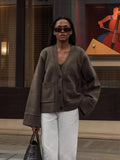 DERMEARNE Women Casual Solid Single V Neck Knitted Cardigan Fashion Single Breasted Full Sleeves Sweater Autumn Chic Female Street Wear