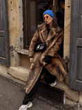 DERMEARNE Women Chic Luxury Faux Fur Overcoat Winter Retro Lapel Long Sleeve Pockets Jackets 2025 New Fluffy Warm Female High Street Coats