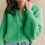 DERMEARNE Women Chunky Knit Cardigan Y2k Long Latern Sleeve Crew Neck Button Up Open Front Cable Knitted Short Sweater Vintage Streetwear