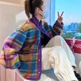 DERMEARNE Women Coat Polar Fleece Plaid Autumn Winter Fashion Thick Vintage Casual Women Jacket Euro-America Style