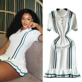 DERMEARNE Women Color Patchwork Ruffles Hem Knitted Mini Dress Buttons Polo-neck Short Sleeve High Stretch Bodycon Casual Outfits Vestidos