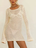 DERMEARNE Women Crochet Knit Short Dress Hollow Out Backless Summer Beach Cover Up Dress Bikini Swimsuit Swimwear