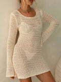 DERMEARNE Women Crochet Knit Short Dress Hollow Out Backless Summer Beach Cover Up Dress Bikini Swimsuit Swimwear