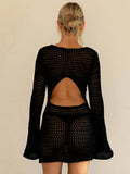 DERMEARNE Women Crochet Knit Short Dress Hollow Out Backless Summer Beach Cover Up Dress Bikini Swimsuit Swimwear