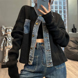 DERMEARNE Women Denim Stitching Sweater Jacket Autumn 2024 New Fashion Loose Short Knitted Cardigan Lady Coats Casual Denim Jacket Women