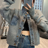 DERMEARNE Women Denim Stitching Sweater Jacket Autumn 2024 New Fashion Loose Short Knitted Cardigan Lady Coats Casual Denim Jacket Women