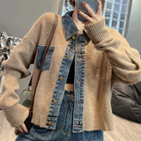 DERMEARNE Women Denim Stitching Sweater Jacket Autumn 2024 New Fashion Loose Short Knitted Cardigan Lady Coats Casual Denim Jacket Women
