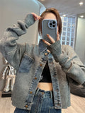 DERMEARNE Women Denim Stitching Sweater Jacket Autumn 2024 New Fashion Loose Short Knitted Cardigan Lady Coats Casual Denim Jacket Women