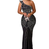 DERMEARNE Women Dress Floor Length Dresses Skew Collar Vestidos Hot Drilling Sleeveless One Shoulder Hip Wrap Party Sexy Slim Fit