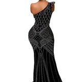 DERMEARNE Women Dress Floor Length Dresses Skew Collar Vestidos Hot Drilling Sleeveless One Shoulder Hip Wrap Party Sexy Slim Fit