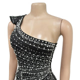 DERMEARNE Women Dress Floor Length Dresses Skew Collar Vestidos Hot Drilling Sleeveless One Shoulder Hip Wrap Party Sexy Slim Fit