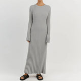 DERMEARNE Women Elegant Ribbed Knit Full Sleeve Maxi Dress Crew Neck Bodycon Pencil Long Dress Tie Waist Dress 90s Vintage Streetwear