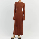 DERMEARNE Women Elegant Ribbed Knit Full Sleeve Maxi Dress Crew Neck Bodycon Pencil Long Dress Tie Waist Dress 90s Vintage Streetwear