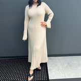 DERMEARNE Women Elegant Ribbed Knit Full Sleeve Maxi Dress Crew Neck Bodycon Pencil Long Dress Tie Waist Dress 90s Vintage Streetwear