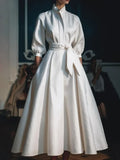 DERMEARNE Women Elegant Shirt Dress Long Sleeve Stand Collar White Minimalist A-Line Pleated Wedding Guest Long Dresses with Blet 2025
