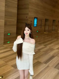 DERMEARNE Women Evening Knit Mini Dress Korean Mini Slash Neck Frocks Solid Color Long Sleeve One-Piece 2000s Coquette Gyaru Y2k Party New