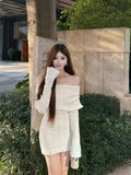 DERMEARNE Women Evening Knit Mini Dress Korean Mini Slash Neck Frocks Solid Color Long Sleeve One-Piece 2000s Coquette Gyaru Y2k Party New