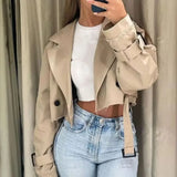 DERMEARNE Women Fashion Belt Cropped Coat Long Sleeve Turn Down Collar Short Jacket Vintage Chic Double Breasted Trench Coats Lady Outfit