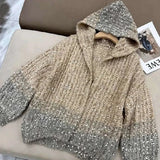 Women Fashion Gradual Sequin Knit Cardigan Elegant Loose Lantern Sleeves Zipper Sweater 2024 Autumn Winter Female Knitwear Tops
