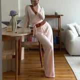 DERMEARNE Women Fashion Lounge Set Vintage 2 Piece Outfit V Neck Waist Tie T-shirt + Elastic Waist Pants Autumn Long Sleeve Crop Tops