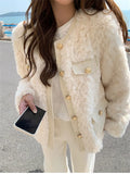 DERMEARNE Women Faux Lamb Woolen Patchwork Fur Jacket Winter Warm Sweet Furry Fluffy Coat