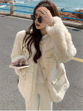 DERMEARNE Women Faux Lamb Woolen Patchwork Fur Jacket Winter Warm Sweet Furry Fluffy Coat