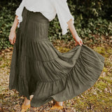 DERMEARNE Women High Waist Boho Maxi Skirt Holiday Beach Draped Long Skirts Patchwork Solid Color Drawstring Bohemian Summer Skirt