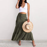 DERMEARNE Women High Waist Boho Maxi Skirt Holiday Beach Draped Long Skirts Patchwork Solid Color Drawstring Bohemian Summer Skirt